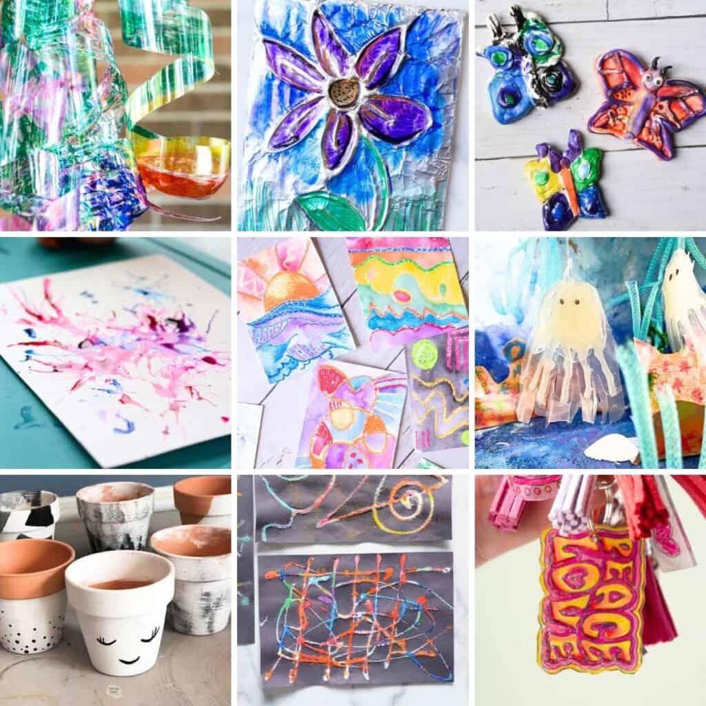 collage of 9 different art project ideas for kids.