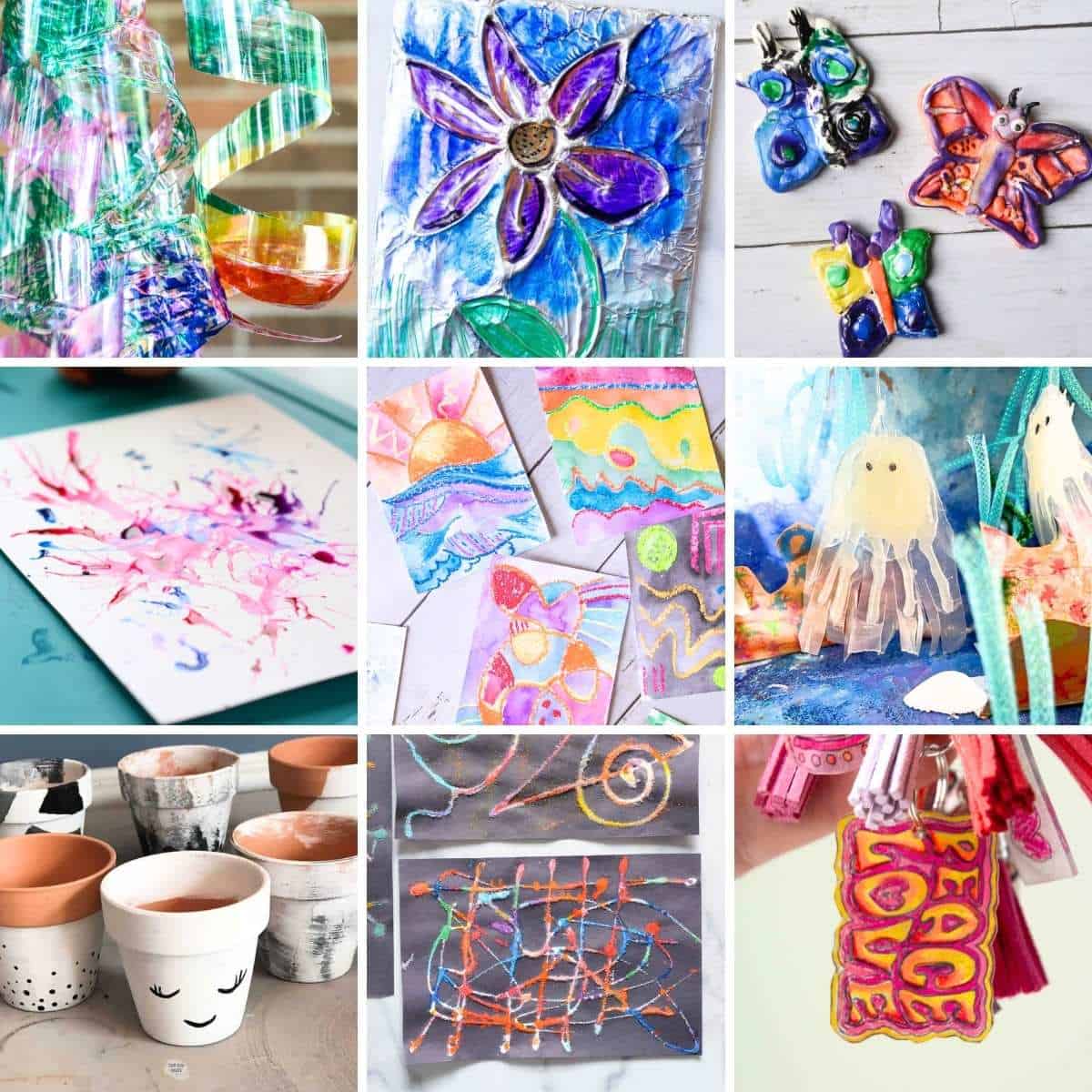 collage of 9 different art project ideas for kids.