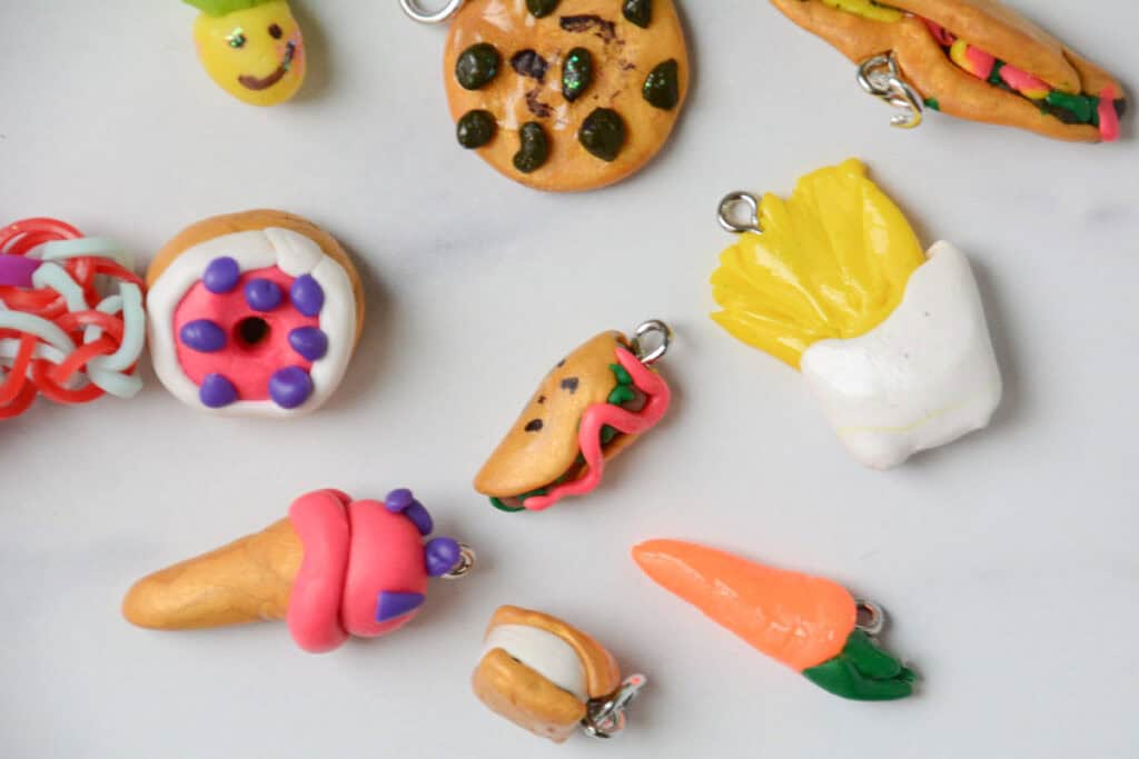 food clay charms on table.