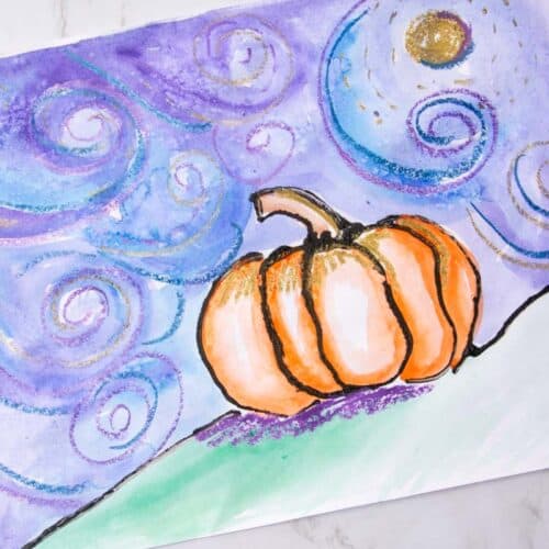 pumpkin illustration with watercolor paint, oil pastel and black glue lines.
