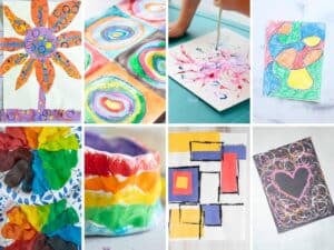 collage of kid art projects , paintings and clay pots.