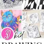 30 kid drawing ideas for kids to do at home with images of 4 different drawings.
