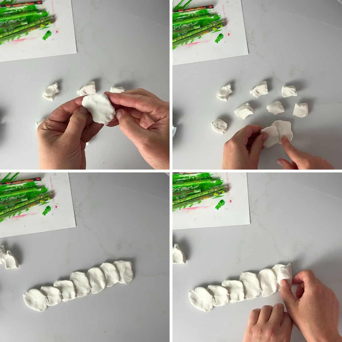 Collage of white Model Magic petals being made to create rose craft.