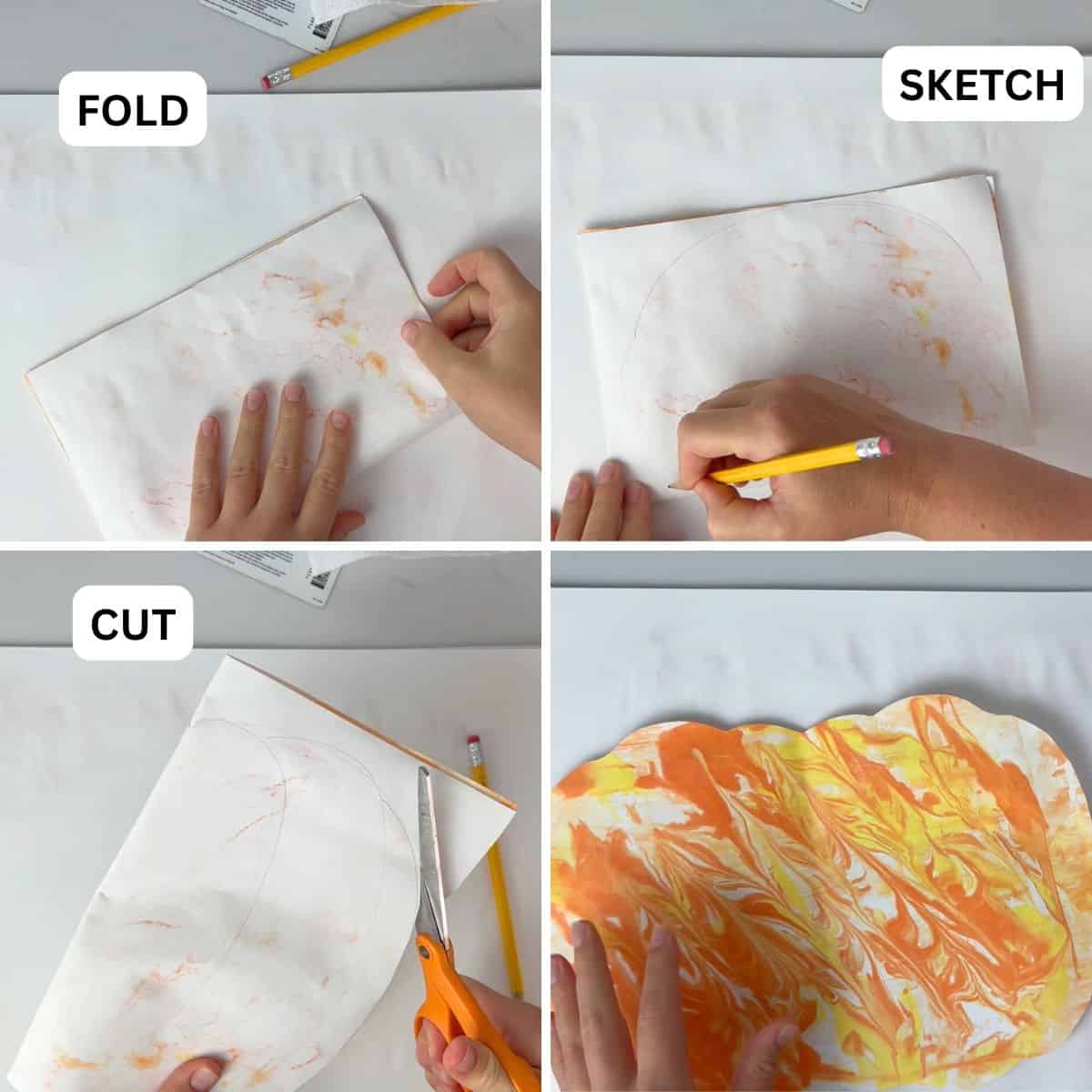 collage of hand making paper pumpkin.