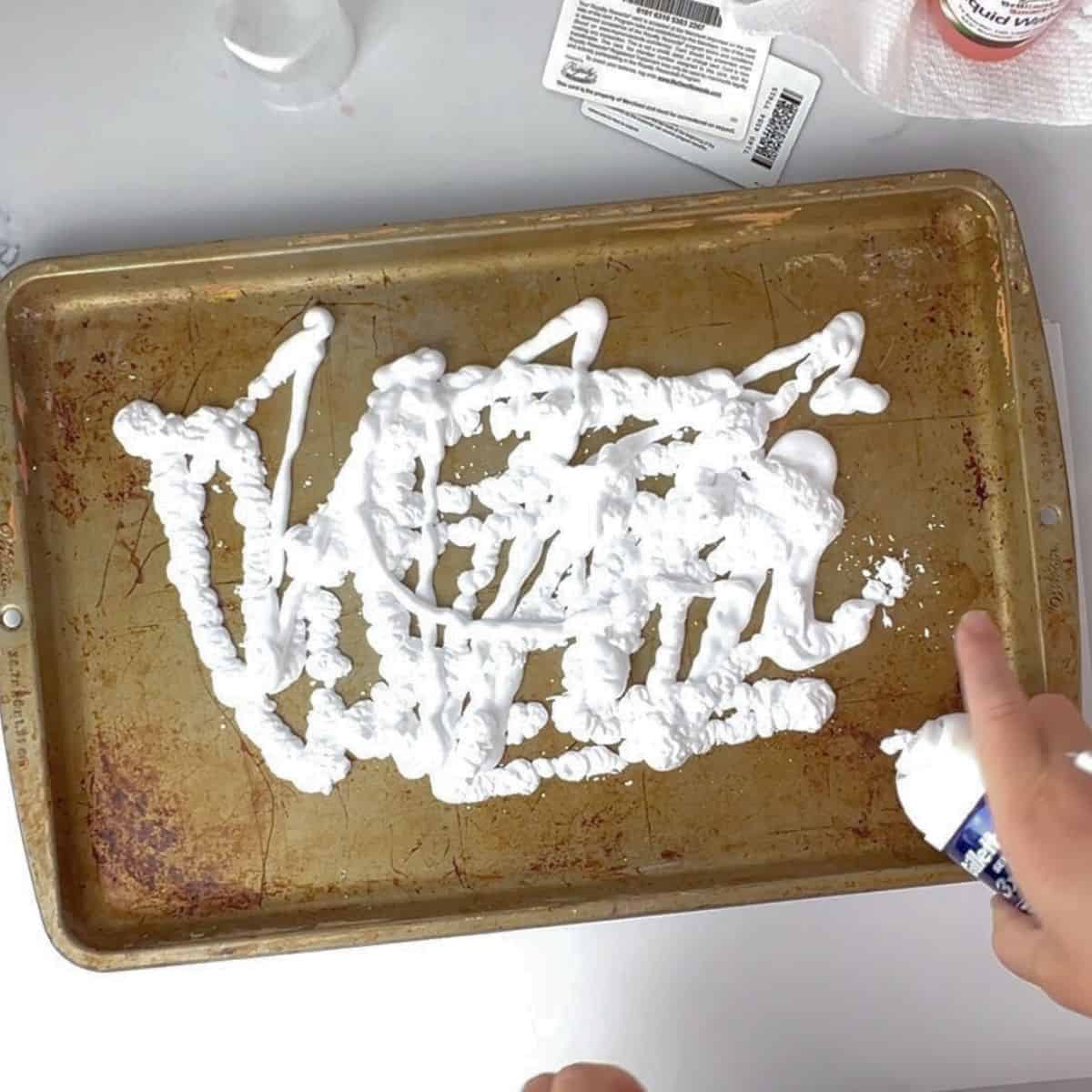 shaving cream in baking tray.