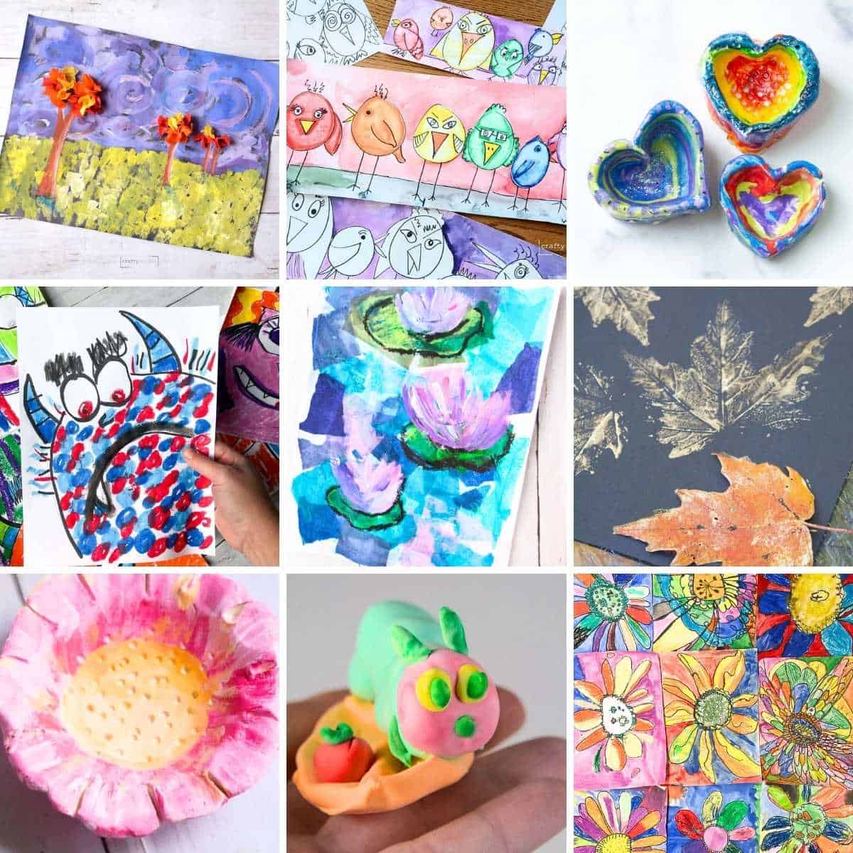 collage of 1st grade art project examples.