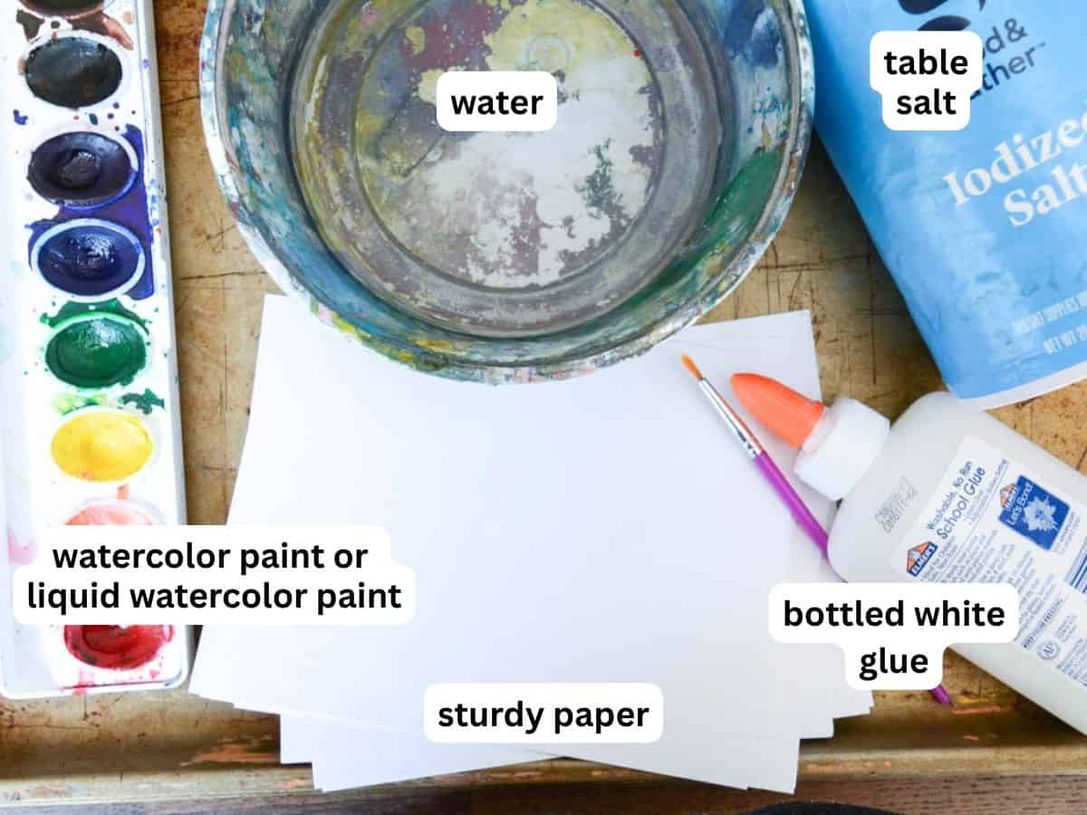 water, watercolor, paint, salt, glue and paper on a tray.