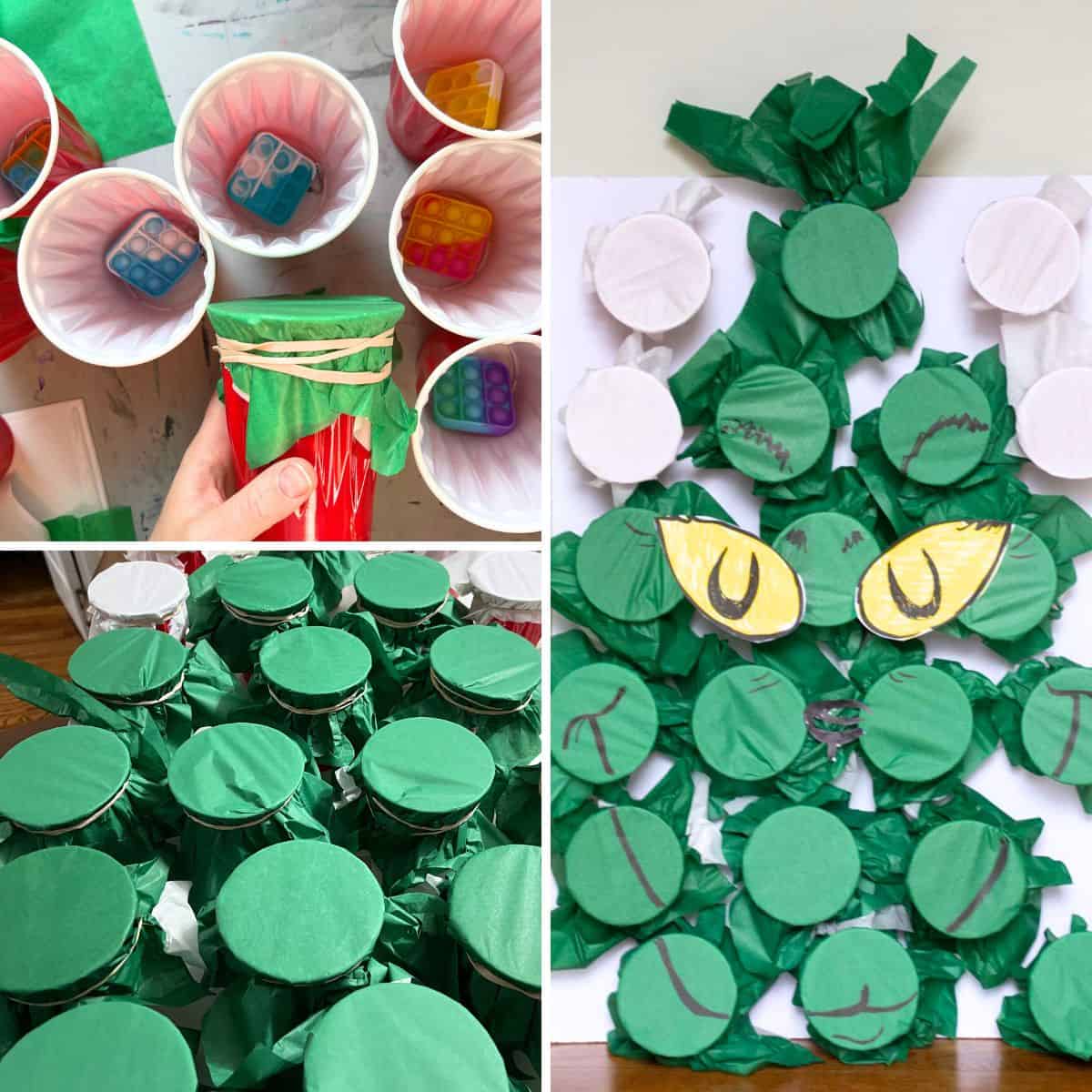 collage of images showing tissue paper cups game that looks like the Grinch.