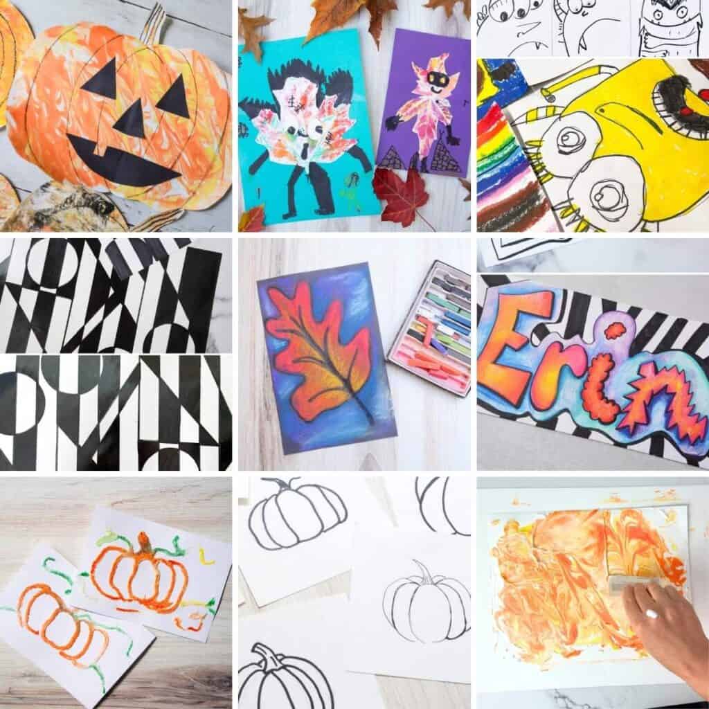 collage of fall art ideas for kids.