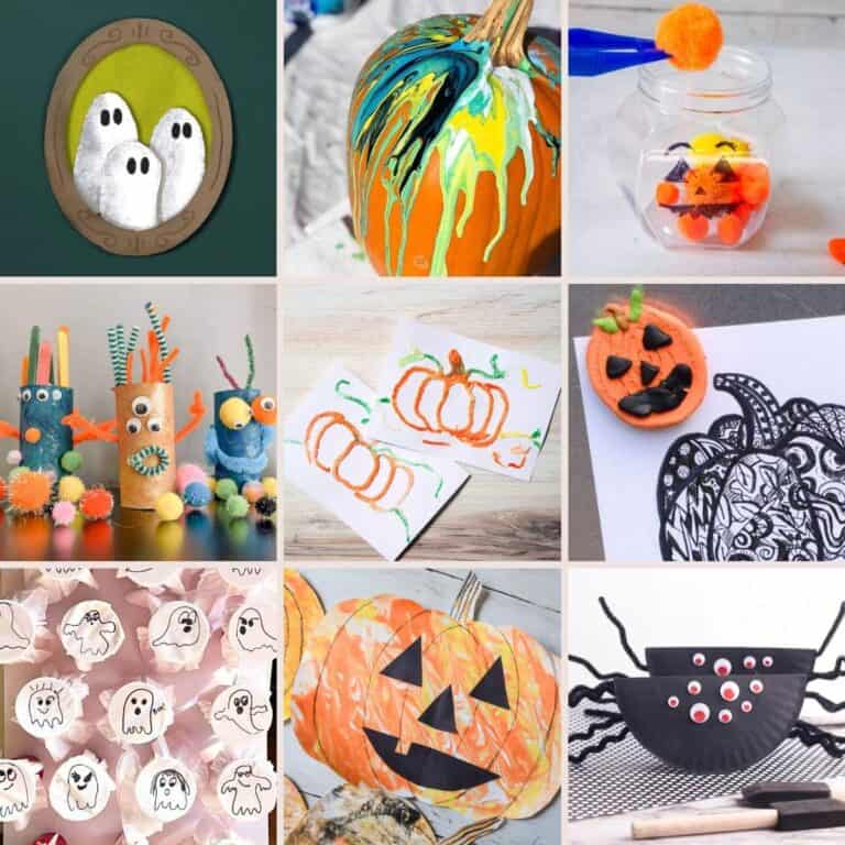 collage of Halloween crafts for kids.