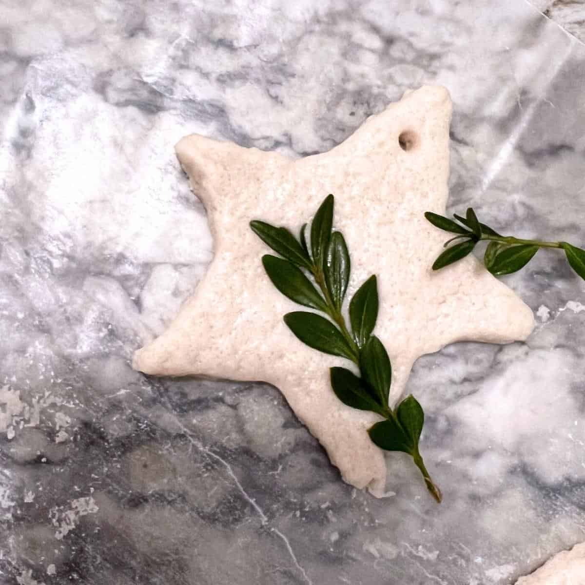 small leaves going across a salt dough cut out star ornament.