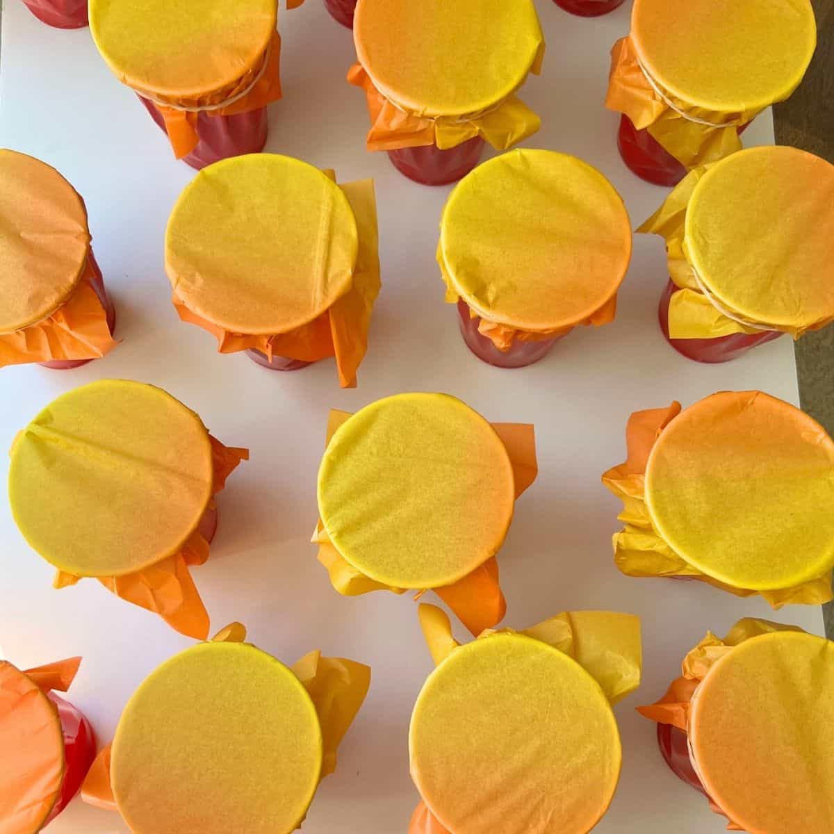 orange covered cups on white foam core.
