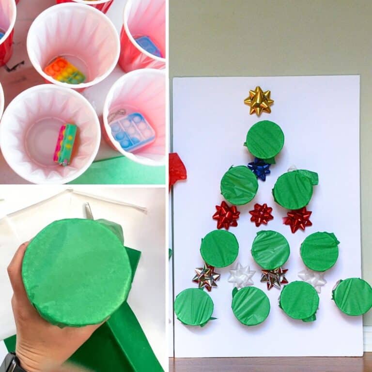 collage of images showing prize punch game in the shape of a Christmas tree.