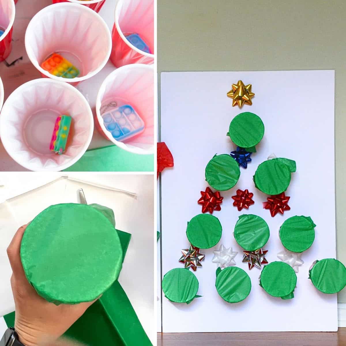 collage of images showing prize punch game in the shape of a Christmas tree.
