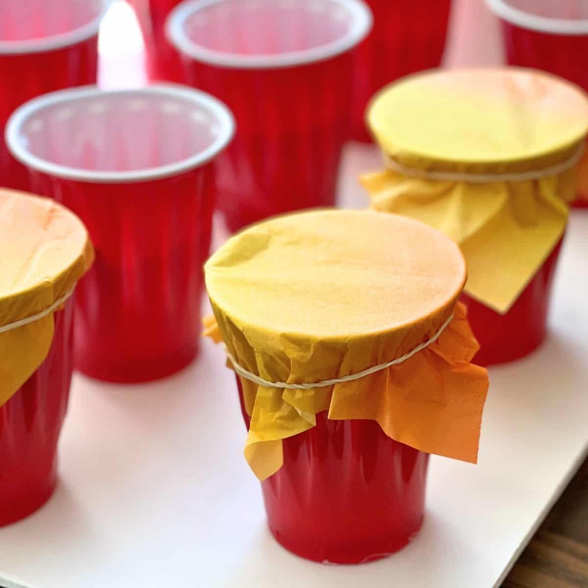 cups with orange tissue paper on them with a rubber band.