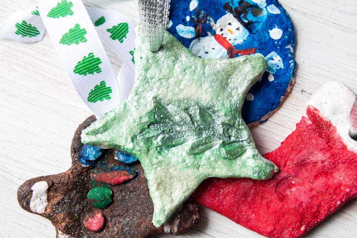 star salt dough ornaments, stocking, gingerbread and snowman painting.