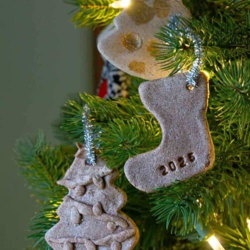 cinnamon salt dough Christmas ornaments hanging on a tree with lights.