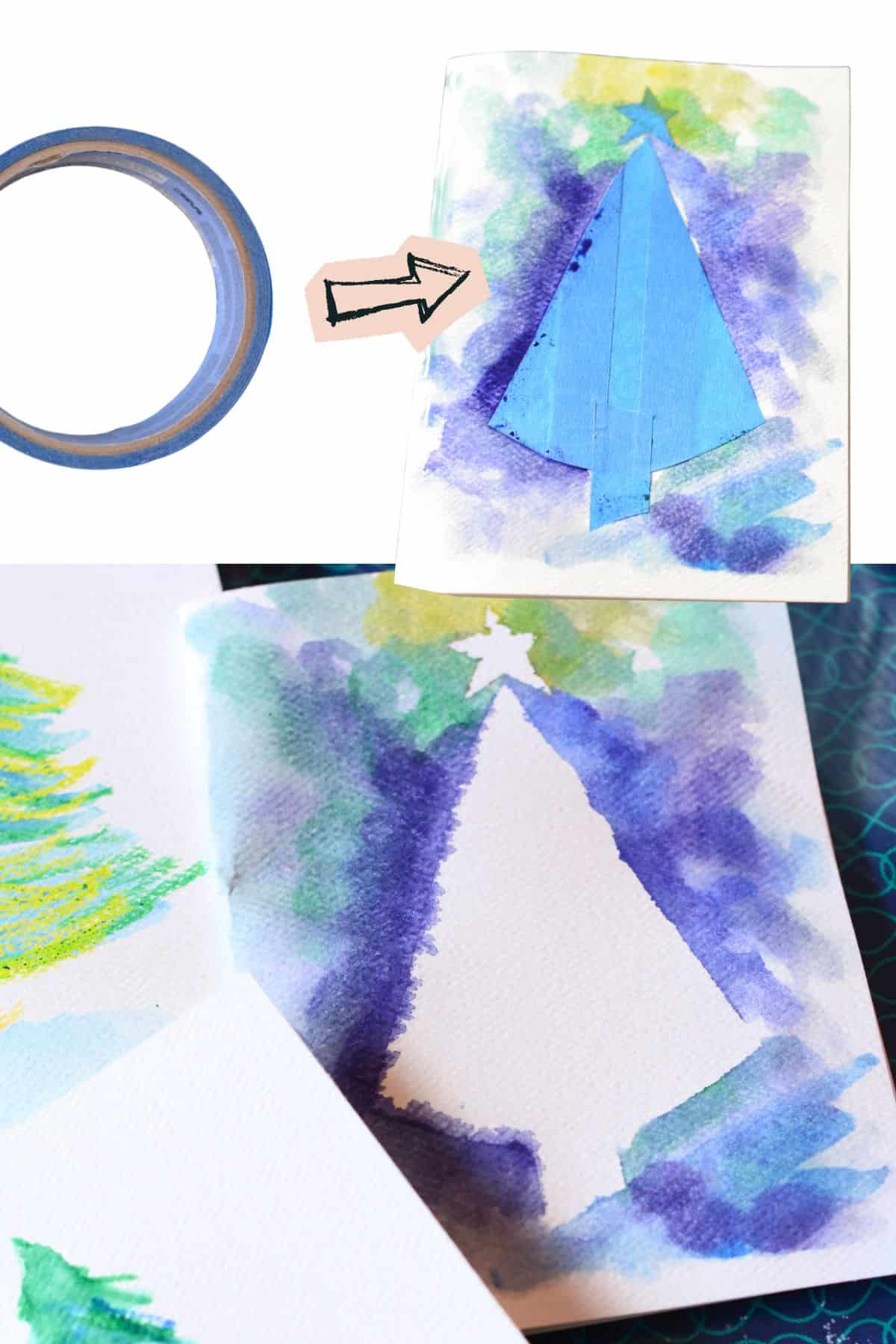 Christmas tree card made with painter's tape and watercolor paint.