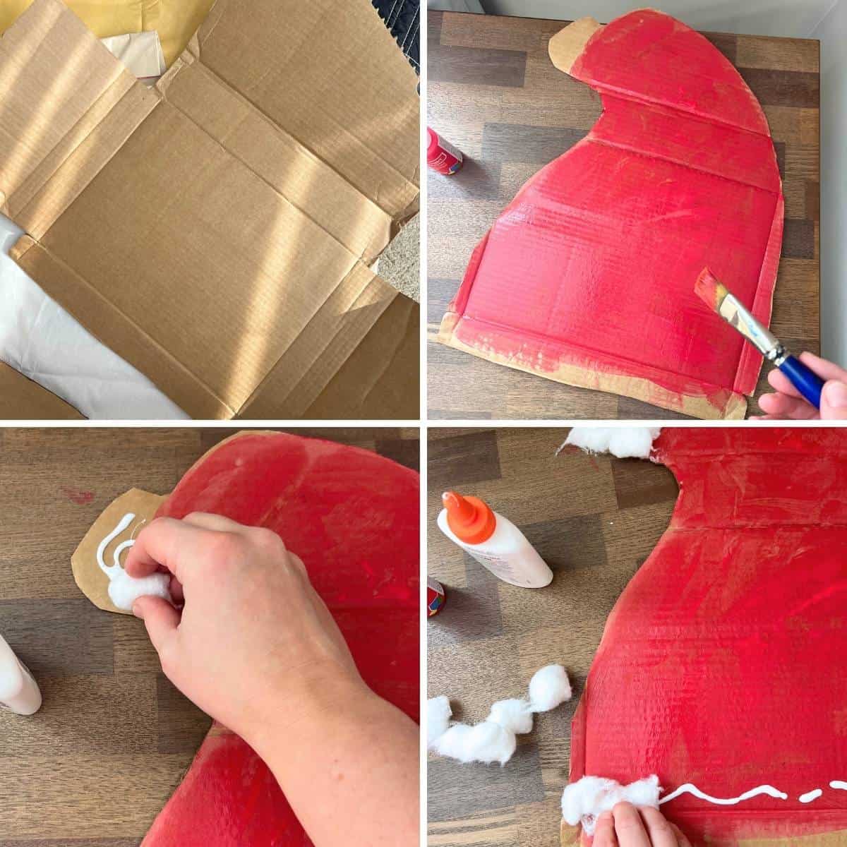 collage of cardboard Santa hat being made and painted.