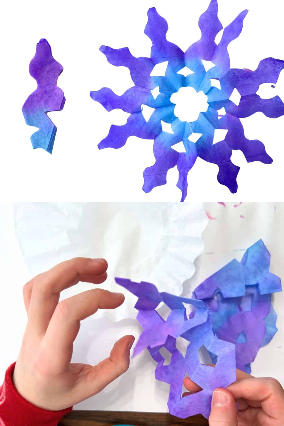 image of cut coffee filter snowflakes.