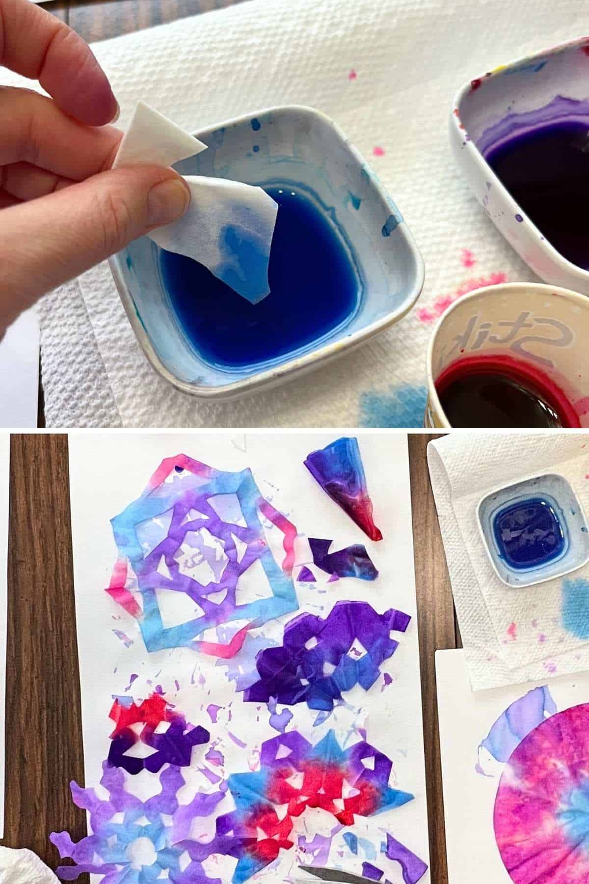 handing dipping cut coffee filter snowflake into blue liquid and other snowflakes drying on a table.