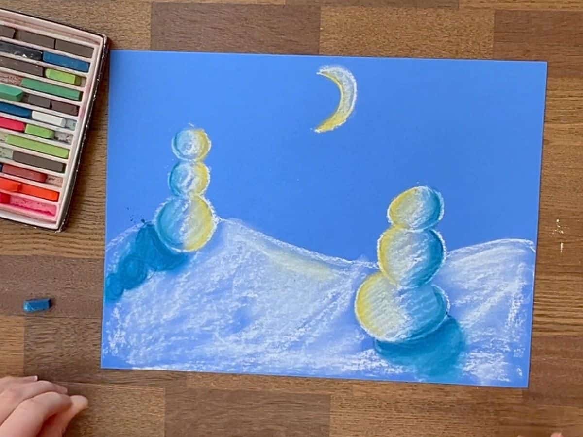snowmen at night chalk pastel drawing.