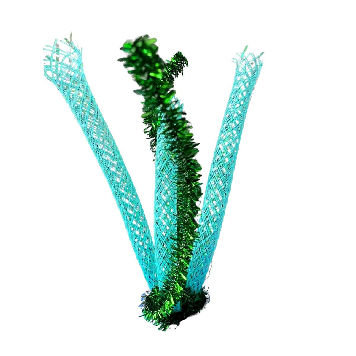 pipe cleaner and blue piping twisted together.