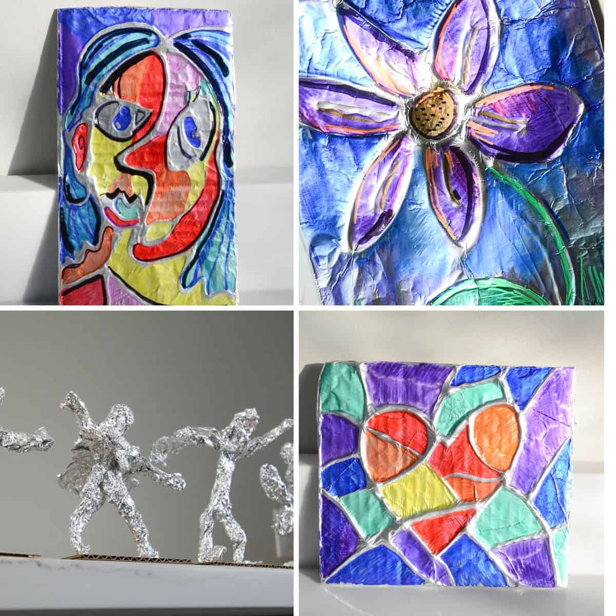 aluminum foil portrait project, flower foil project, tin foil people and heart foil art project.