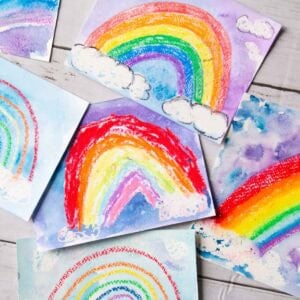 rainbow oil pastel and watercolor paintings made by kids.
