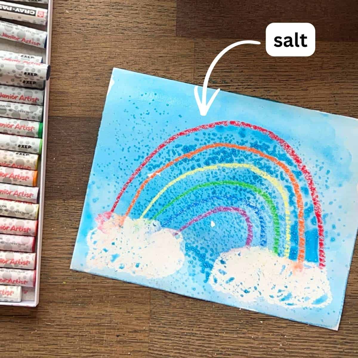 salt on watercolor rainbow painting.