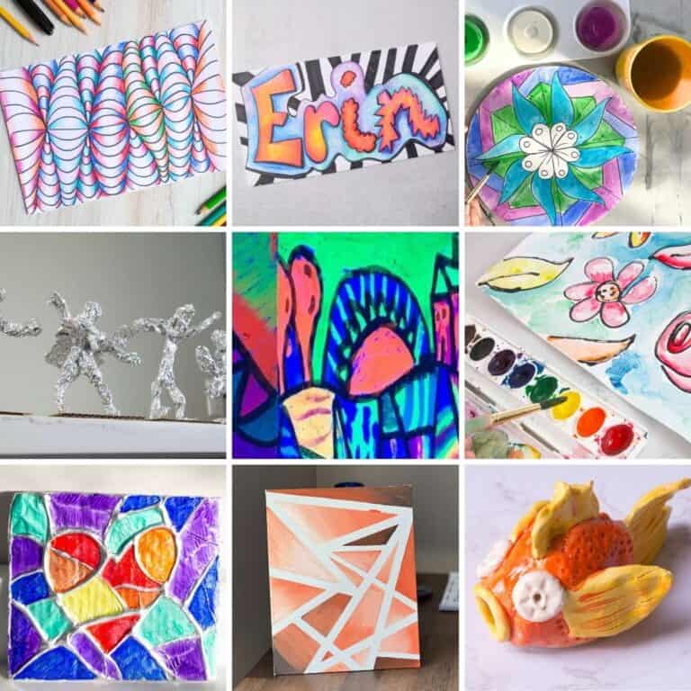 collage of art projects, paintings and sculptures.