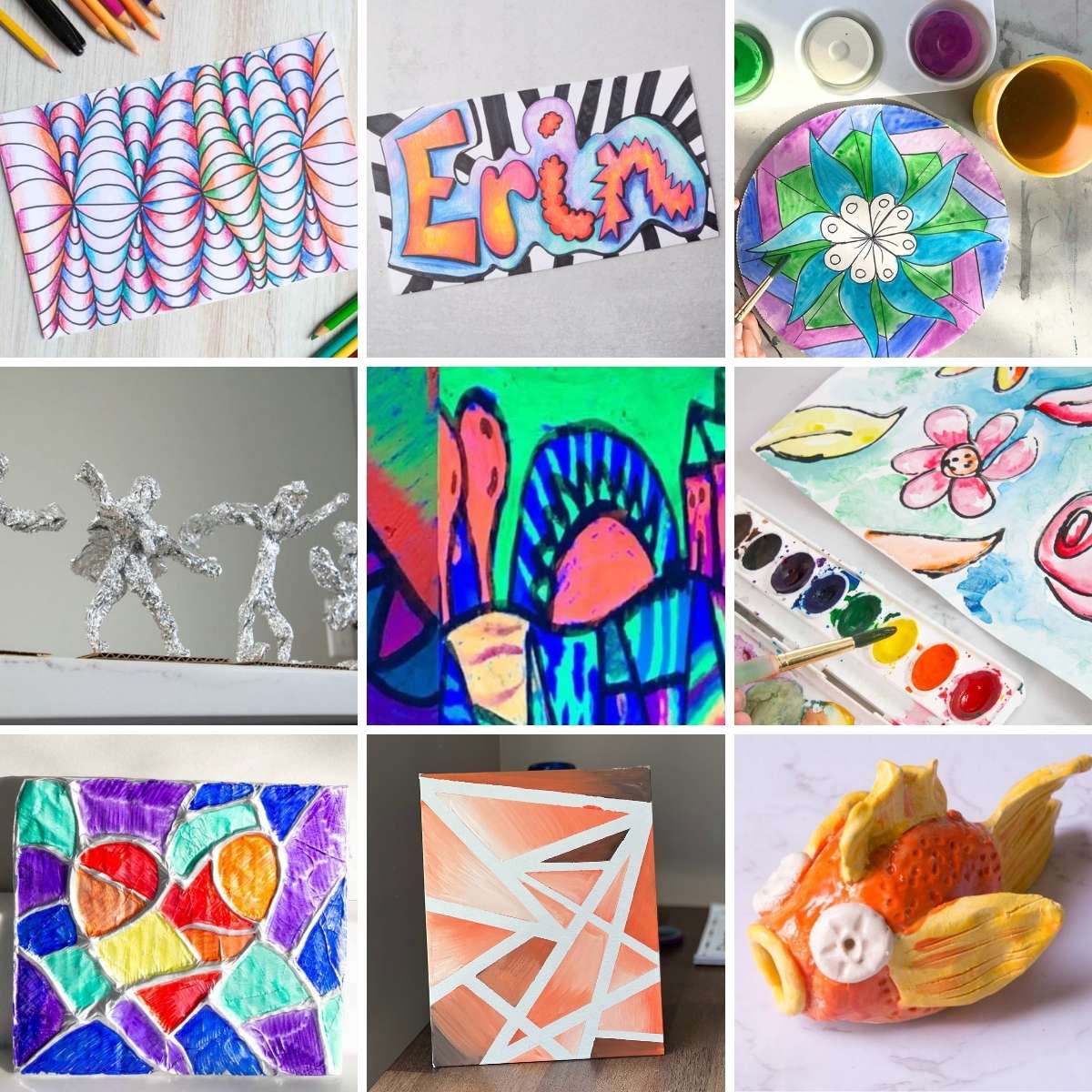collage of art projects, paintings and sculptures.