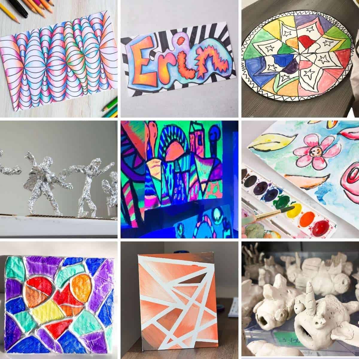 collage of art projects, paintings and sculptures.