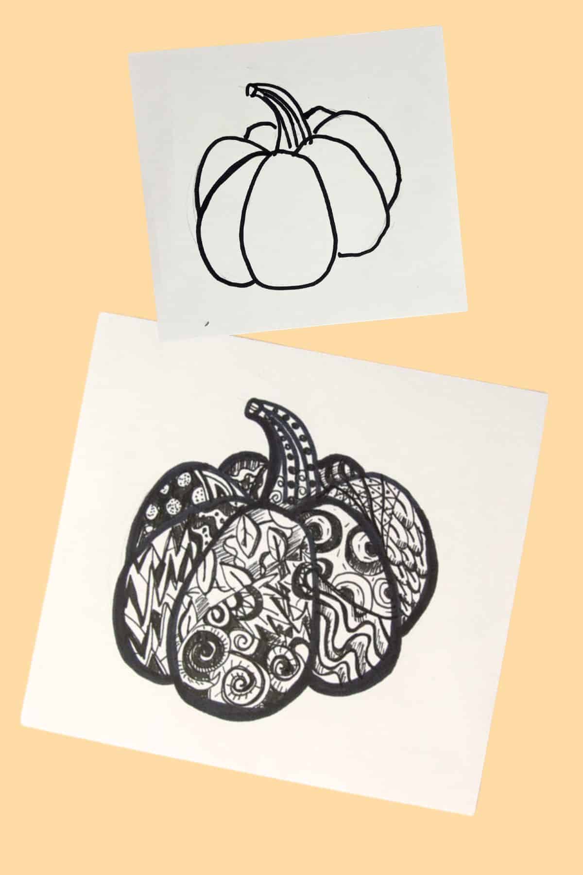 two drawings of pumpkins with zentangles and doodles.