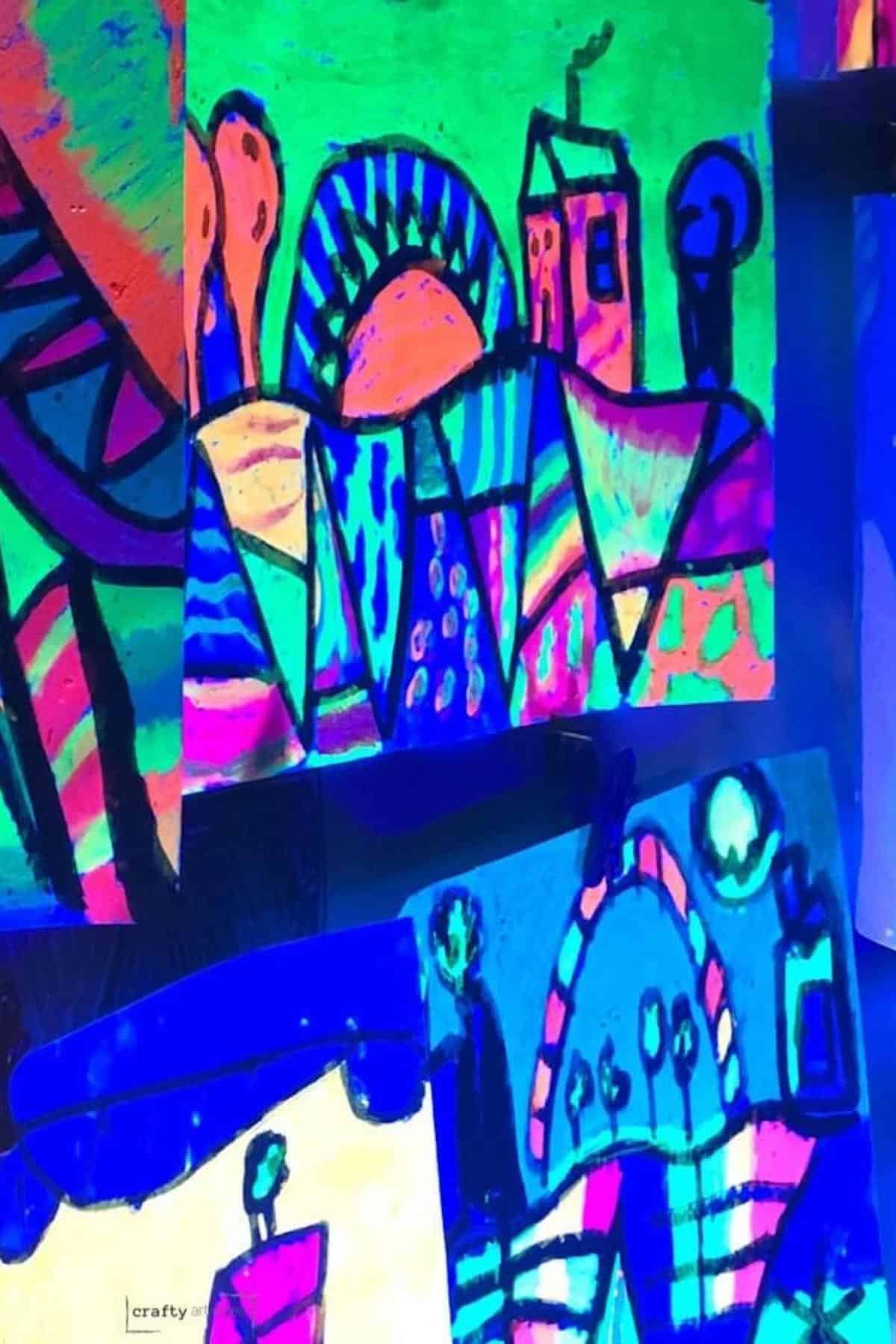 glow-in-the-dark oil pastel drawings.