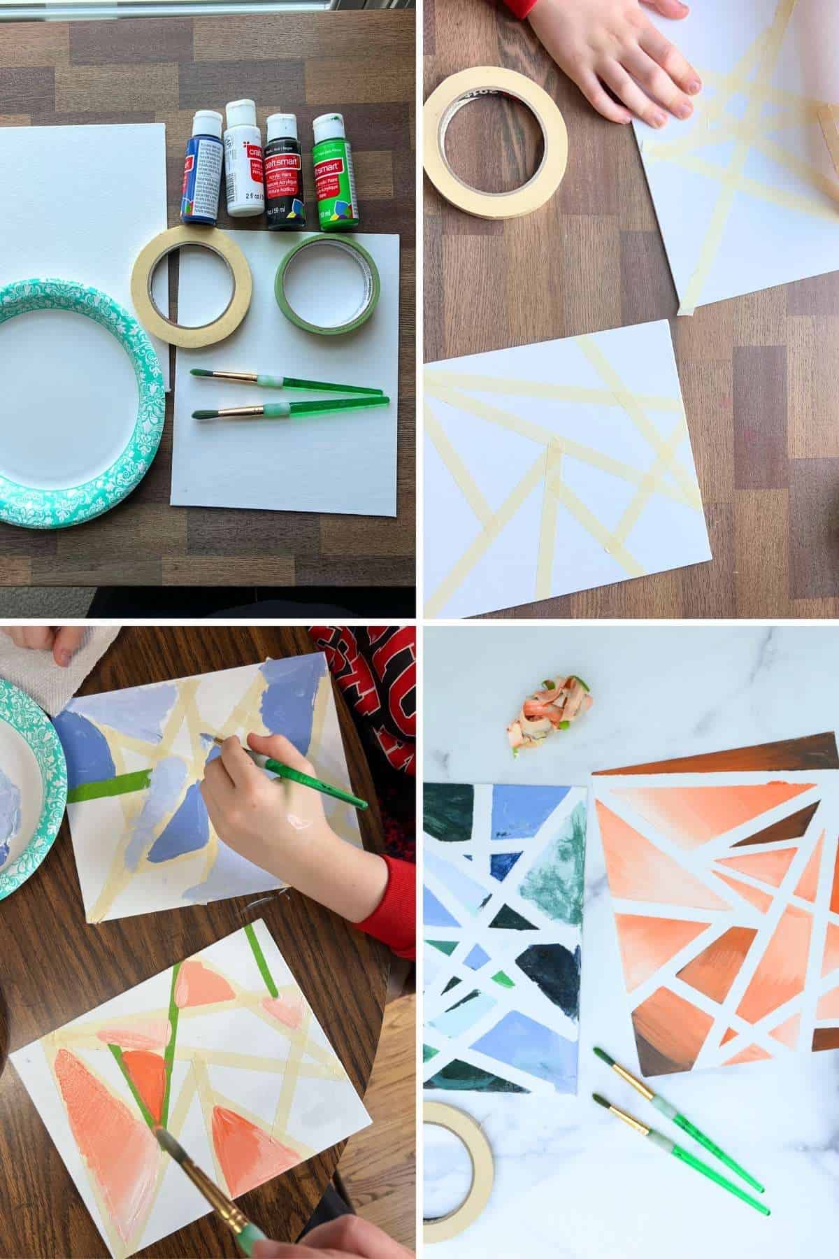 collage of images showing a tape resist canvas painting for kids.