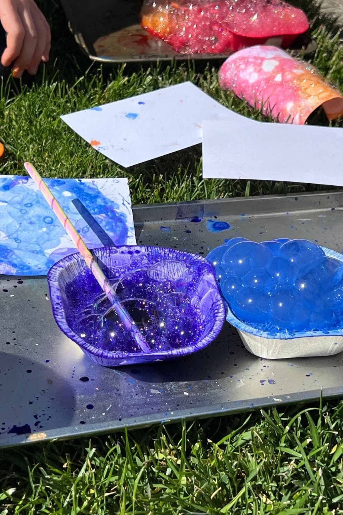 blue and purple paint bubbles with painted bubble paper.