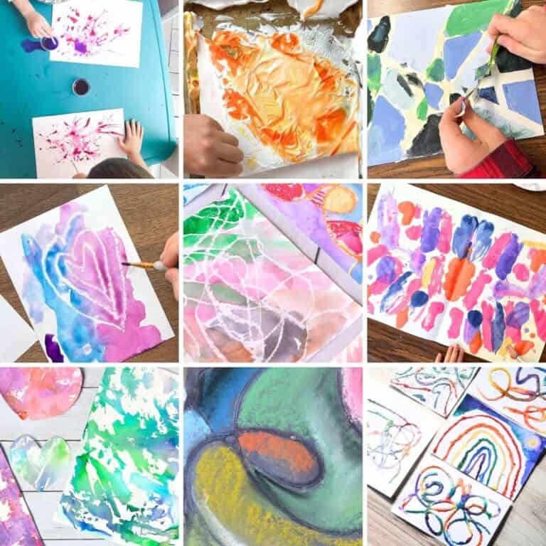 collage of 9 process art activities for kids.