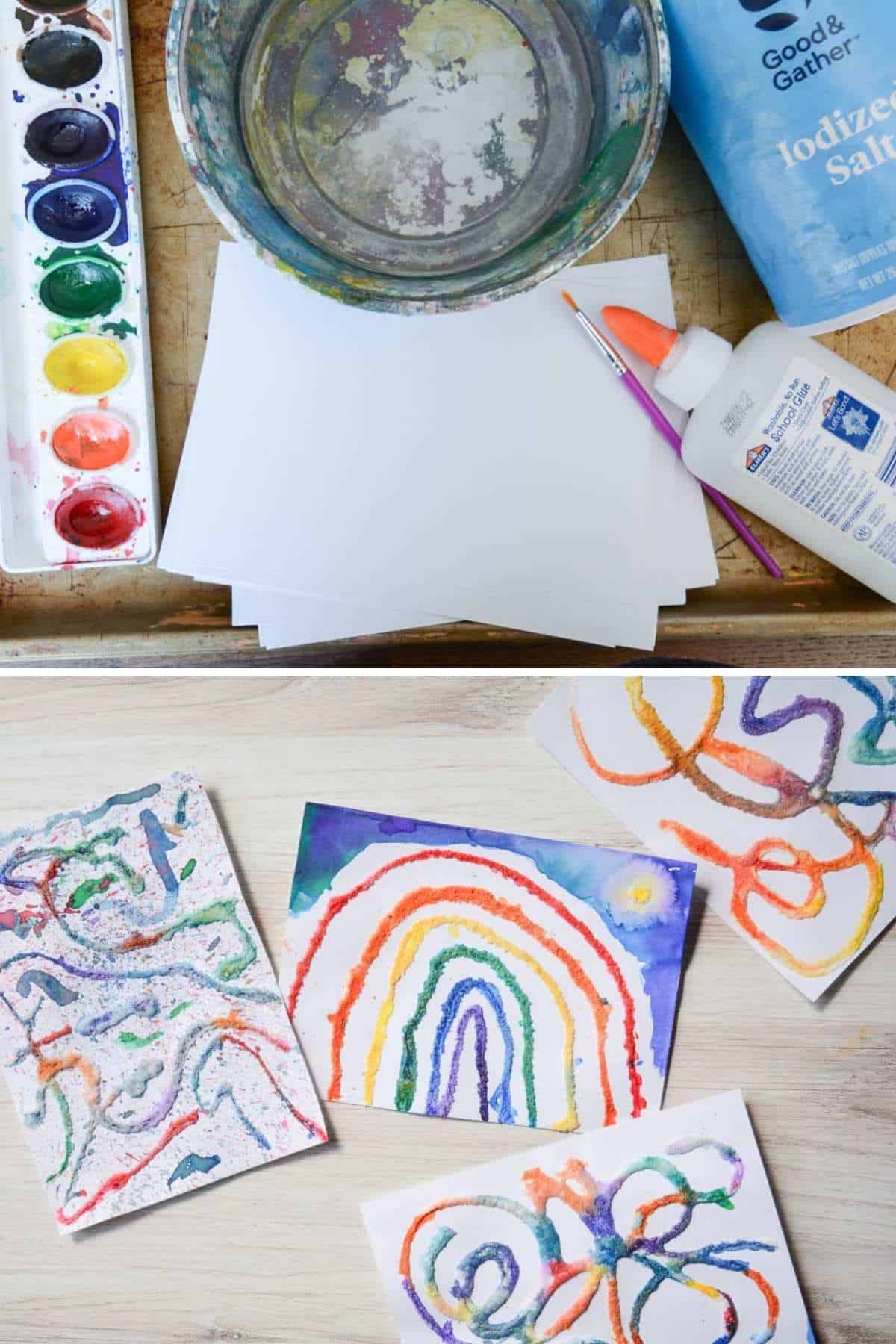 two images one of salt watercolor paints and glue and another image of colorful salt line art.