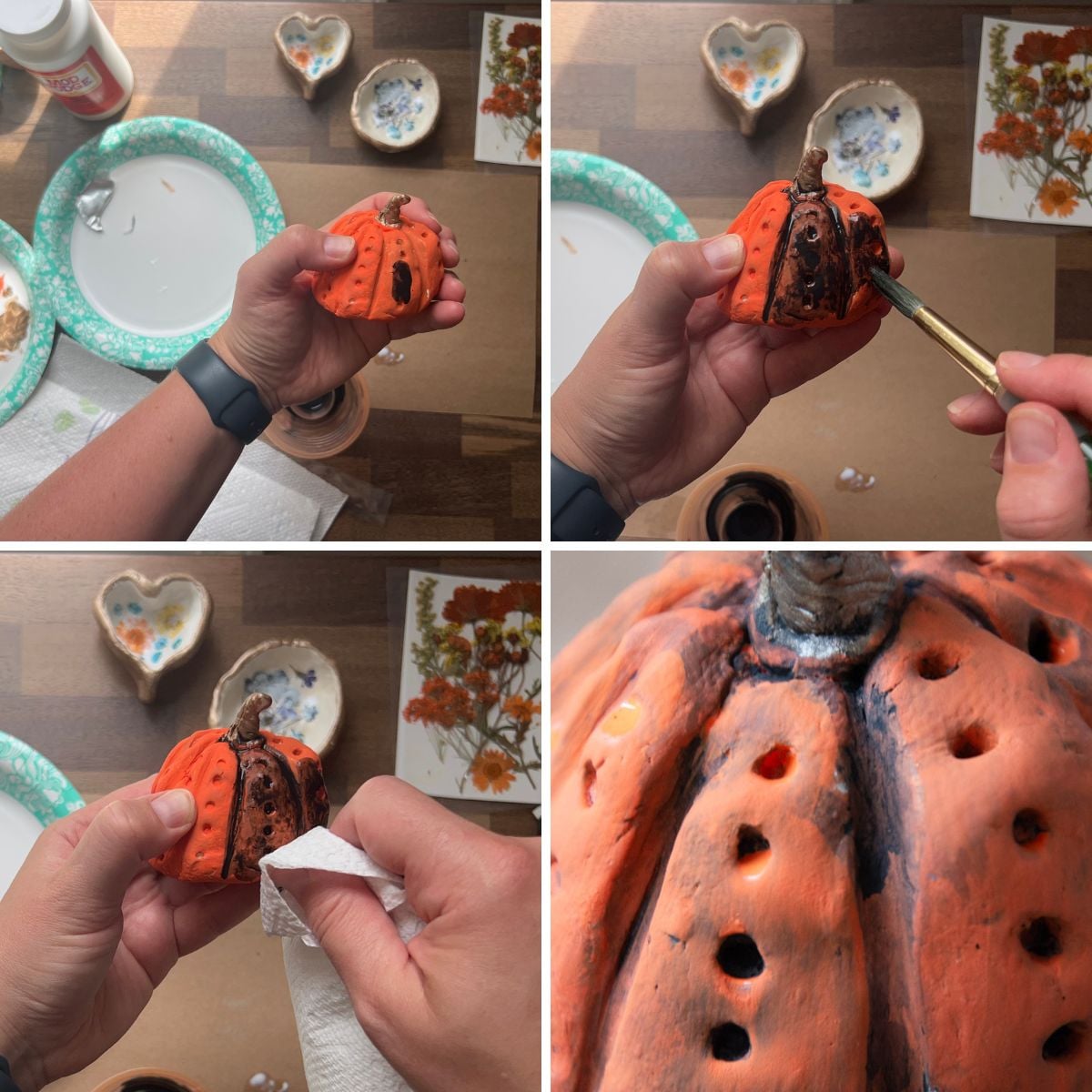 collage showing how to add paint wash to air dry clay pieces.