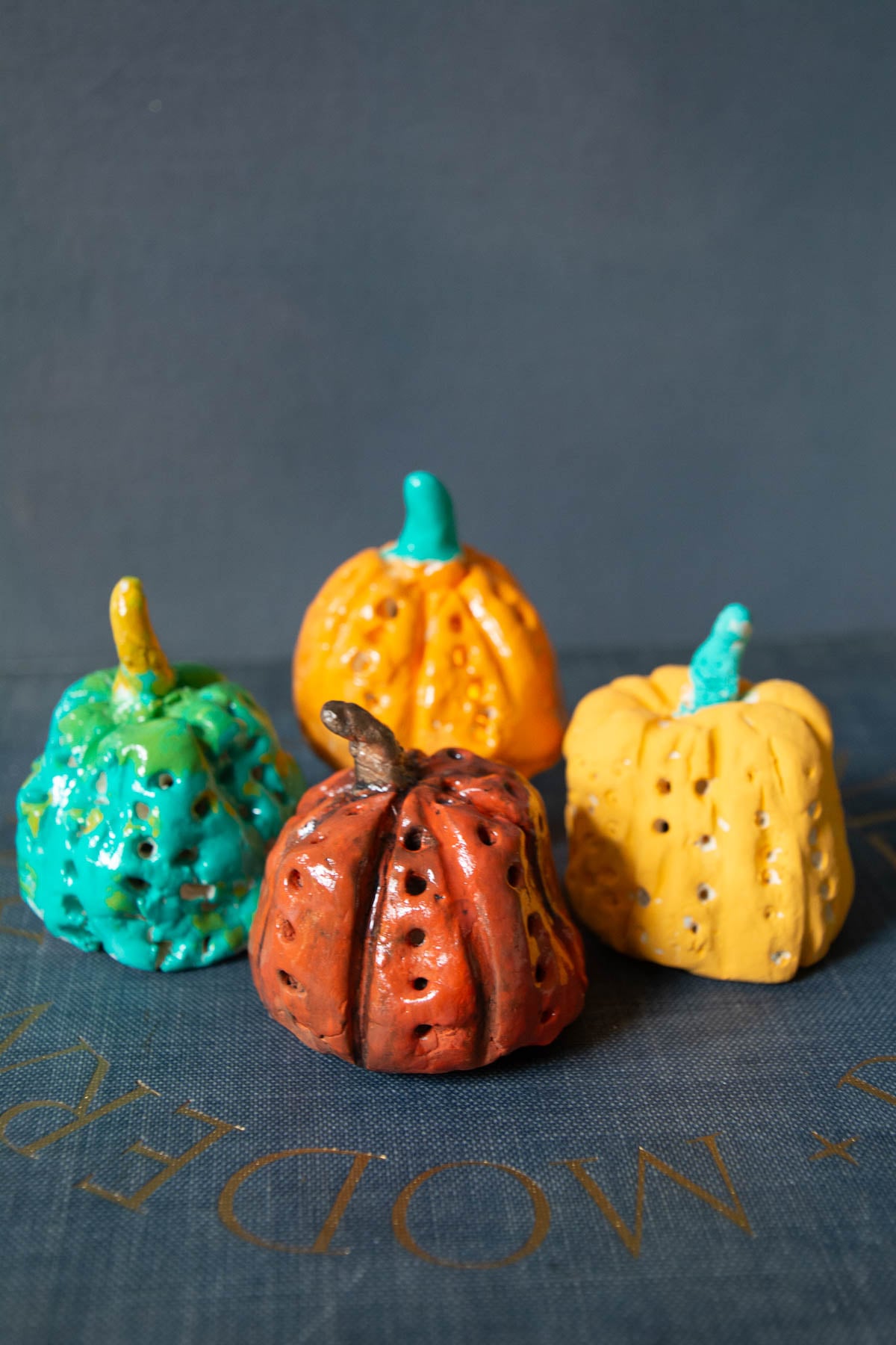 colorful polka dot clay pumpkins.