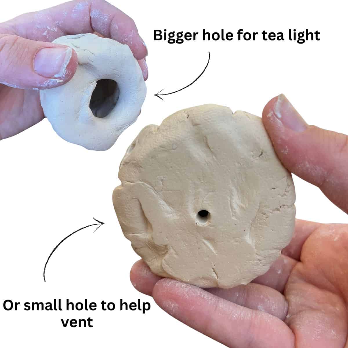 two clay projects with one bigger hole and one smaller poked in the bottom.