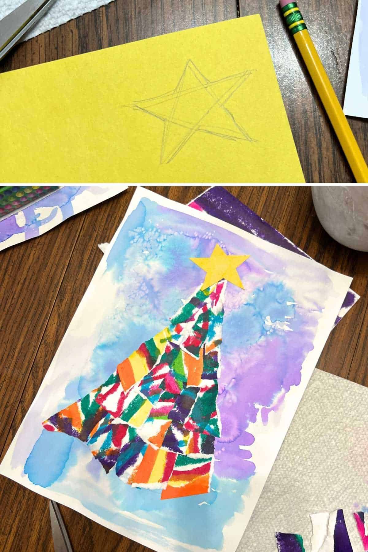two images one with a star on yellow paper and one with finished colorful torn Christmas tree paper collage.