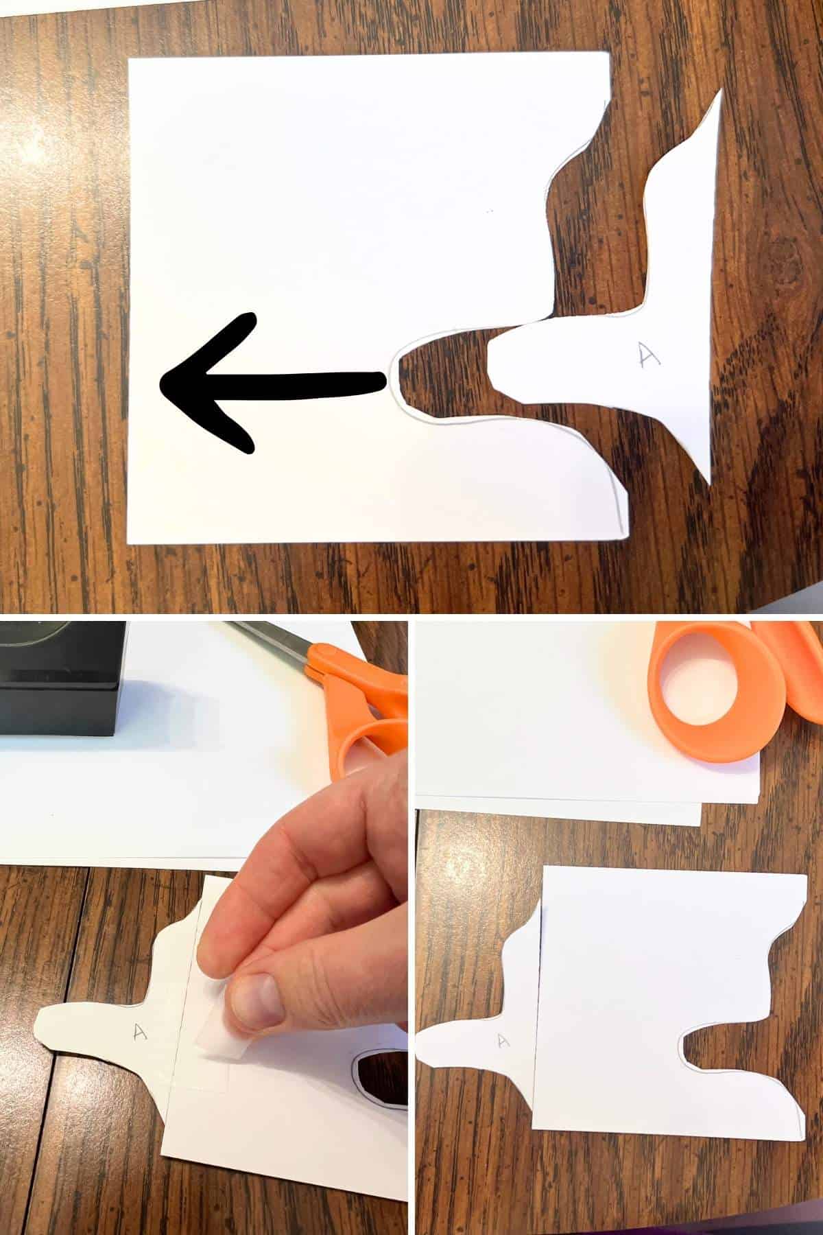collage of images showing how to cut and tape paper piece.