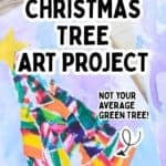 Christmas tree paper art project on a table with text overlay easy Chirstmas tree art project.