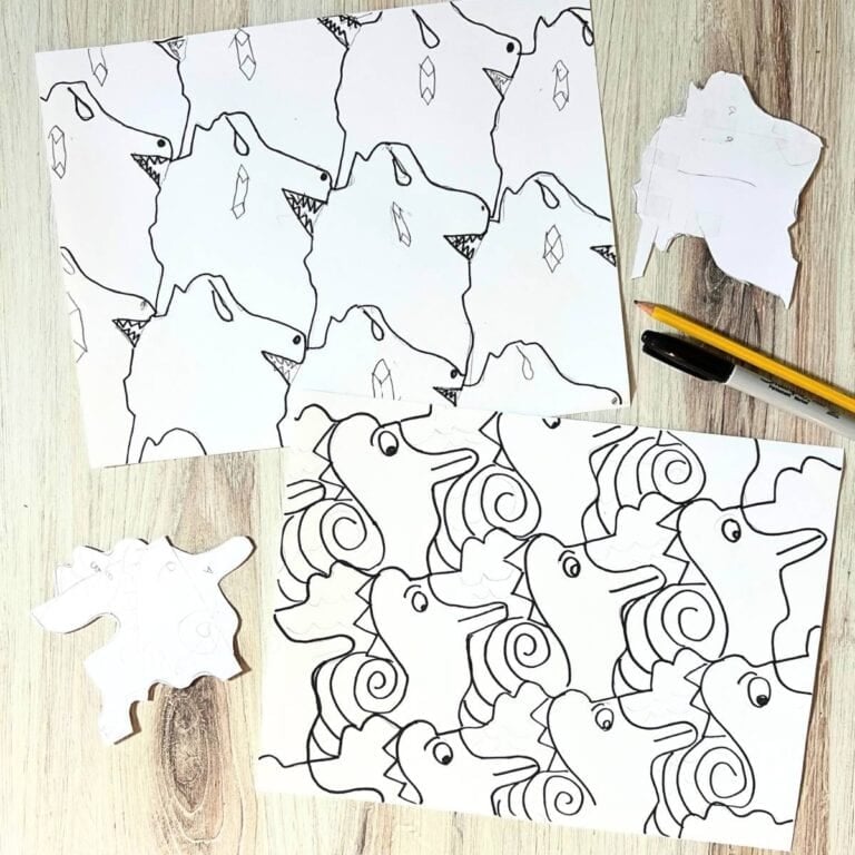 two tessellation drawing with cut out paper tessellating shapes.
